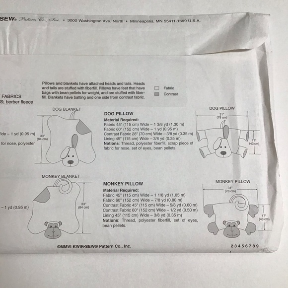 Kwik Sew Child’s PILLOWS BLANKETS Sewing Pattern Dog Monkey 2006 FF UNCUT NEW - Picture 5 of 6